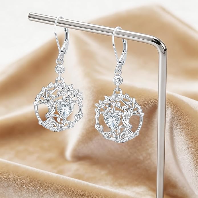 Odinstone 925 Sterling Silver Earrings Tree of Life Teardrop Moonstone Dangle Drop Leverback Earrings for Women