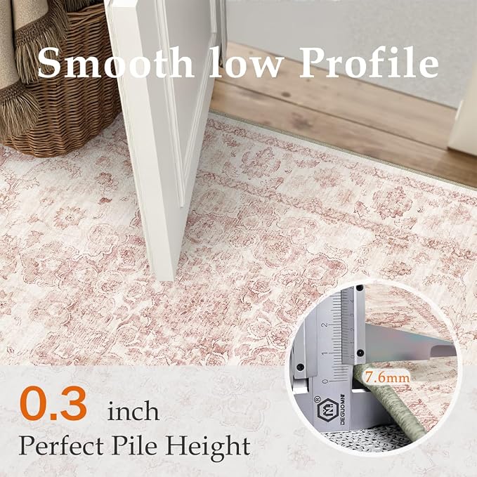 2x5 Pink Neutral Runner Rug | Washable, Non Slip, Soft Low Pile, Vintage Farmhouse, for Hallway Kitchen Laundry Bathroom Bedroom Living Room Home Decor