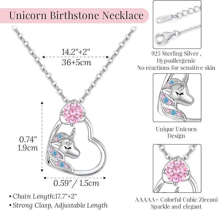 CDE Christmas Gift for women Cute Unicorn Birthstone Necklace for Girls Daughter 925 Sterling Silver Opal Heart Pendant Graduation Birthday Christmas Jewelry Gift for Teenage Girls Niece