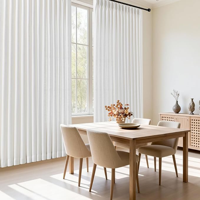 Extra Wide Pinch Pleat Thick Linen Curtains 90 Inches Long for Living Room, Snow White Sheer Curtain Viral Light Filtering Farmhouse Window Drape Privacy with Hooks Rings, 70"W x90"L, 1 Panel