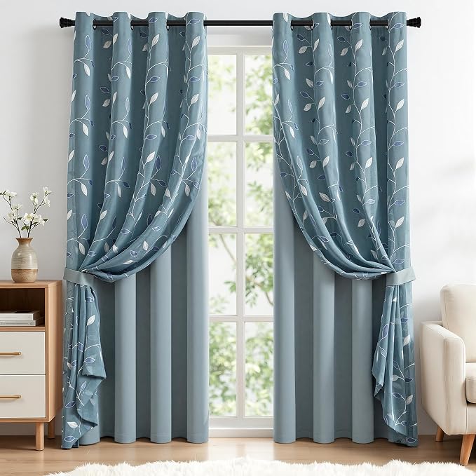 MIULEE Dusty Blue Double Layer Curtains 84 Inches Long, Leaf Patterned Sheer Floral Drapes and Blackout Room Darkening Window Curtains for Living Room Bedroom, Grommets Top, 52" W x 84" L, 2 Panels