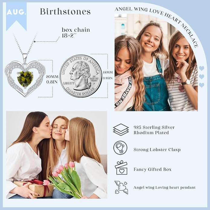 Heart Necklaces for Women Mother's day Gifts, Birthstone 925 Sterling Silver Angel Wings Love Pendant Necklaces for Women, Jewelry Gifts for Wife, Anniversary, Birthday