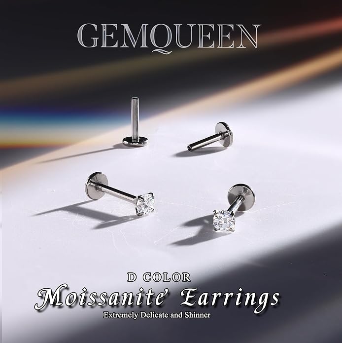 GEMQUEEN Moissanite Earrings G23 Titanium Extended Internal Thread Flat Back Earrings Hypoallergenic Tragus Cartilage Helix Conch Piercing Jewelry for Women Men 18G 6/8mm Post Gray/D Color 0.2-3CT