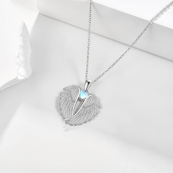 YFN Angel Wings Necklace 925 Sterling Silver Guardian Angel Wings Pendant Necklace Birthstone Necklace for Women Girls Christmas Jewelry Gifts