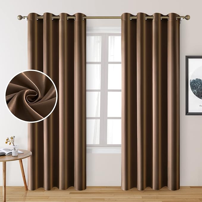 HOMEIDEAS 2 Panels Chocolate Faux Silk Blackout Luxury Curtains, 52 X 96 Inch Room Darkening Satin Thermal Insulated Window Drapes for Bedroom Decor, Indoor, Living Room