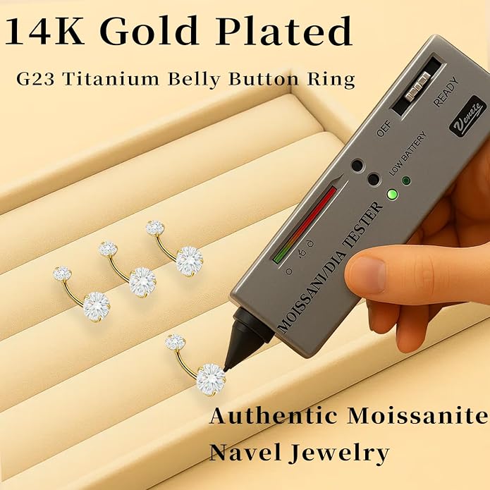 Sparkling Moissanite Belly Button Ring, 14G G23 Surgical Grade Titanium with 14K Gold Plated | Internally Threaded & Hypoallergenic for Sensitive Skin | Unisex Body Jewelry