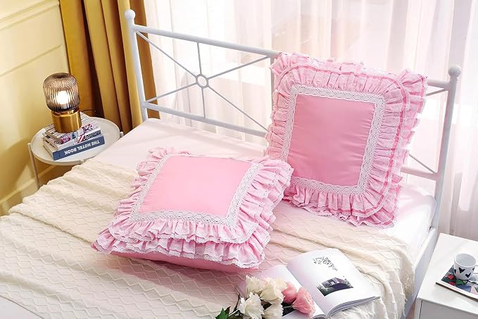 2-Pack Luxury Lace Pink Euro Shams Throw Pillow Covers Cushion Cases with Ruffles Cotton 26"X26" Zipper Closure Elegant