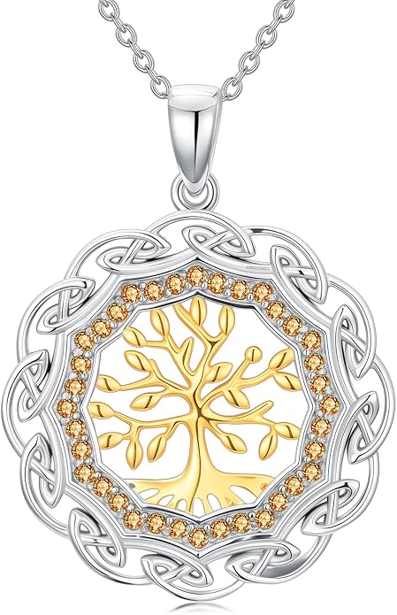 Sterling Silver Birthstone Celtic Tree of Life Necklace, 18K Gold Plated Colored Gemstone Tree of Life Pendant Two-Tone Necklaces Jewelry Birthday Gifts for Women 18" - 20"