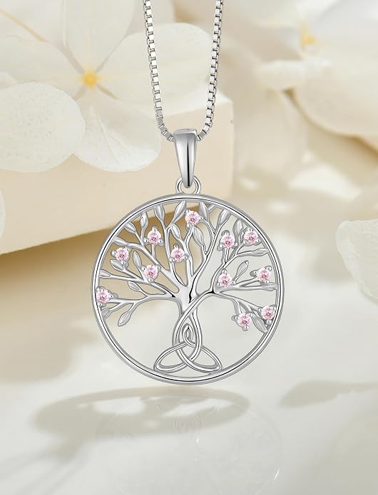 Celtic Knot Tree Necklace 925 Sterling Silver Tree of Life Pendant Birthstone Jewelry for Women