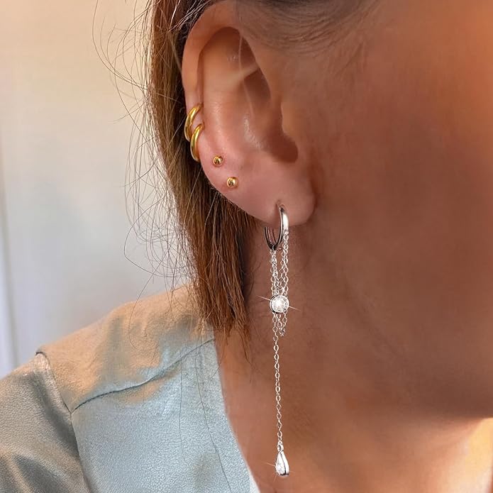 CZ Chain Hoop Dangle Earrings for Women S925 Sterling Silver Cubic Zirconia Dangling Earrings Chain Tassel Drop Earring Hoop Earring Huggies Fashion Wedding Jewelry Gifts