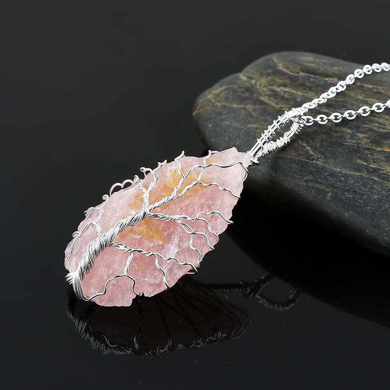 Tree of Life Craft - Raw Rose Quartz Rough Crystals Pendant Necklace, Arrow Shape, Wire Wrapping, Gift Giving Women Jewelry with Dainty Silver Plated Chain 18 inch (1pcs)
