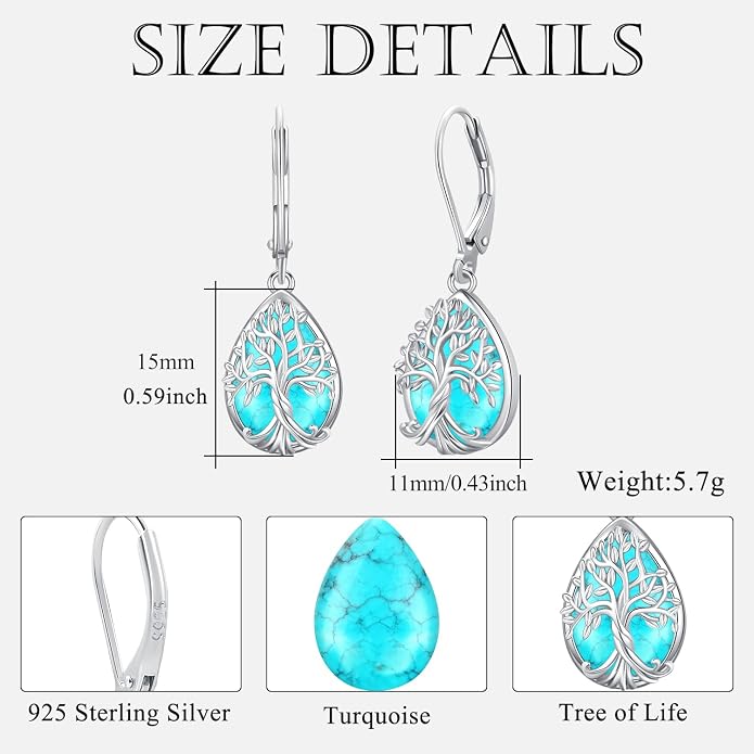 Odinstone 925 Sterling Silver Earrings Tree of Life Teardrop Moonstone Dangle Drop Leverback Earrings for Women