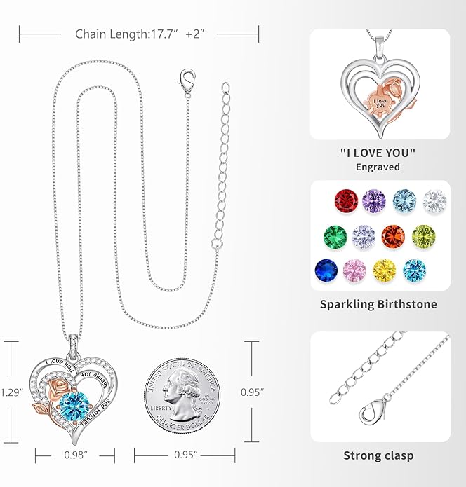 Birthstone Heart Necklaces for Women 925 Sterling Silver Fine Jewelry Rose Pendant Necklace Anniversary Birthday Mothers Day Gifts Her Wife Women Mom Daughter