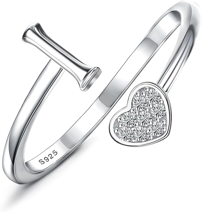 MILACOLATO 925 Sterling Silver Initial Rings for Women Teen Girl 18K Gold Plated Heart Initial Rings Adjustable Capital Letter Ring Stackable Thumb Pinky Rings for Daughter Birthday Bridesmaid Gifts Jewelry, A to Z