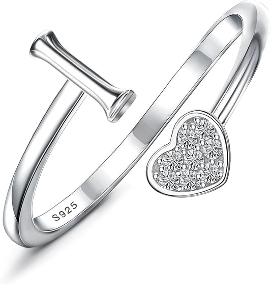 MILACOLATO 925 Sterling Silver Initial Rings for Women Teen Girl 18K Gold Plated Heart Initial Rings Adjustable Capital Letter Ring Stackable Thumb Pinky Rings for Daughter Birthday Bridesmaid Gifts Jewelry, A to Z