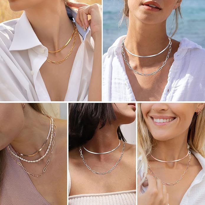FOCALOOK 14K Gold Plated Necklaces for Women, Fashion Herringbone Choker Necklace Stainless Steel Flat Snake Chain 3/5MM(W) 12.5"/15"/18"+3.5"(L)