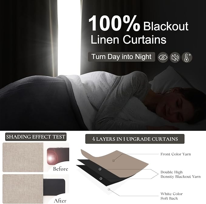 Dining Room Long Curtains 112 Inches Set of 2,Custom 100 Inch Wide (2 x 50")Linen Living Room Drapes Tall 100% Blackout Curtain for Sliding Glass Door Tan Beige Back Tab/Rings/Hooks (50"Wx112"L,Linen)