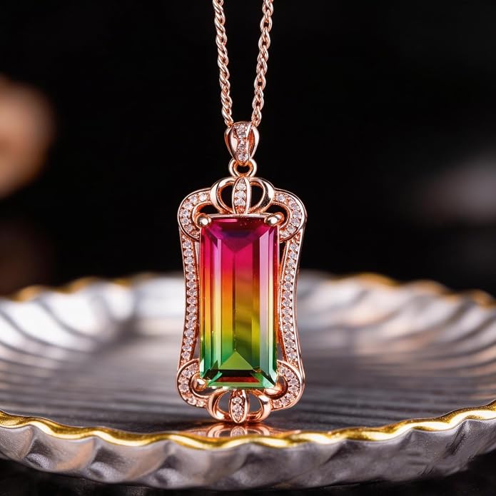 Rainbow Tourmaline Pendant Necklace, Multicolor Gemstone, Rose Gold-Tone Setting, Personalized Jewelry Gift
