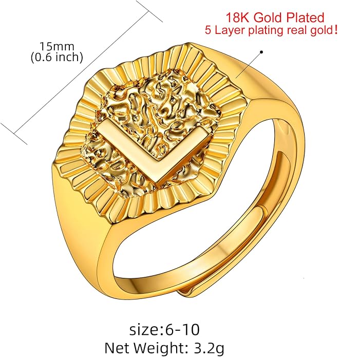 KeyStyle Bold Initial Letter Rings Adjustable, GoldChic Jewelry Women Gold Statement Ring Personalized Engraved Women’s Open Signet Ring for Party (Gold, White Gold, Black)