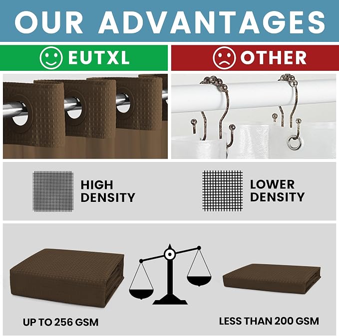 EUTXL Heavyweight Brown No Hook Shower Curtain with Snap in Liner,256GSM Waffle Weave Shower Curtains for Bathroom,71W x 74H