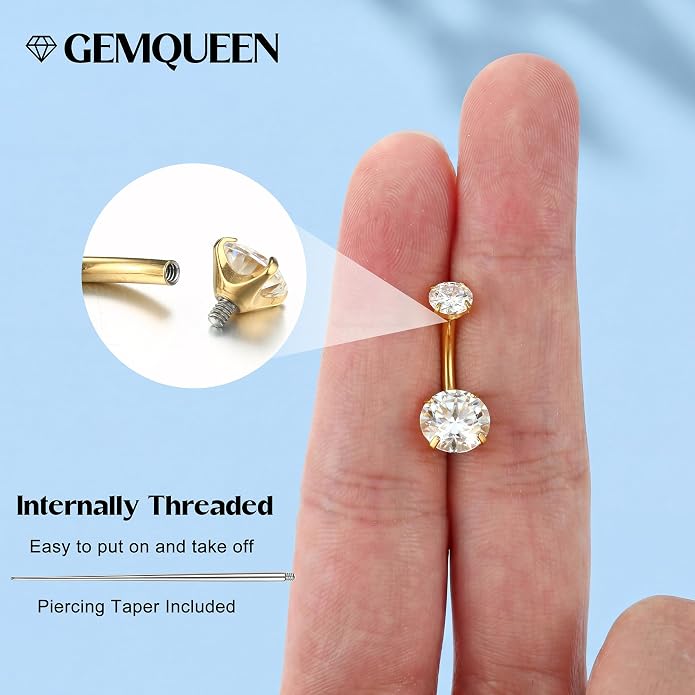 GEMQUEEN Moissanite ＆ G23 TItanium Belly Button Ring 18K Gold Plated Hypoallergenic Internally Threaded Belly Rings 14G Navel Piercing Jewelry For Women Men D Color VVS1 Clarity Brilliant Cut