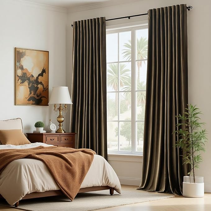 PRIMROSE 100% Full Blackout Brown Velvet Curtains 108 inch Long for Living Room,Set of 2 Liner Rod Pocket Back Tab Thermal Window Curtains Room Darkening Heavy Decorative Curtains Drapes for Bedroom