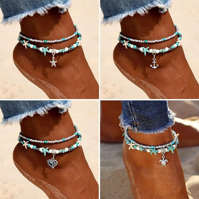 Suyi 5pcs Ankle Bracelets for Women Layered Beach Adjustable Anklets Boho Chain Anklet Foot Jewelry