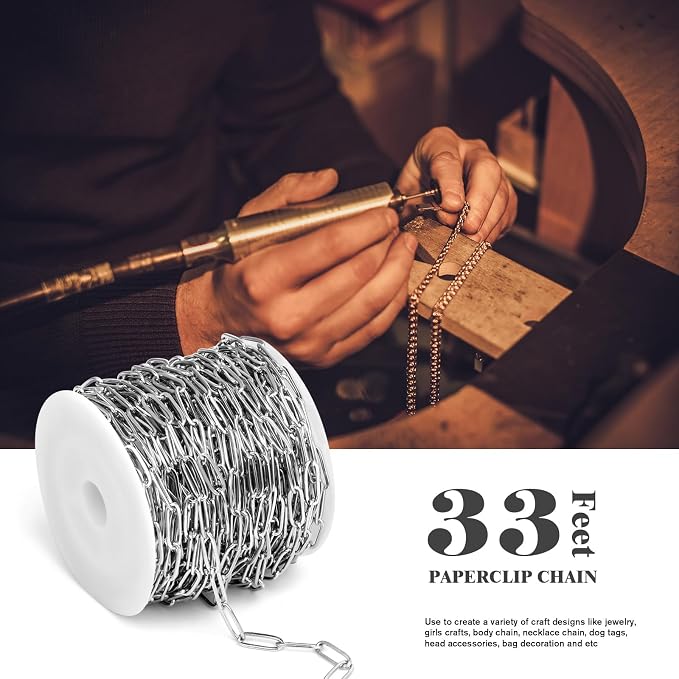 [33 Ft] Stainless Steel Paperclip Chains Roll, 2.5mm Width 304 Stainless Steel Oval Link Chains Spool Bulk for Jewelry Making