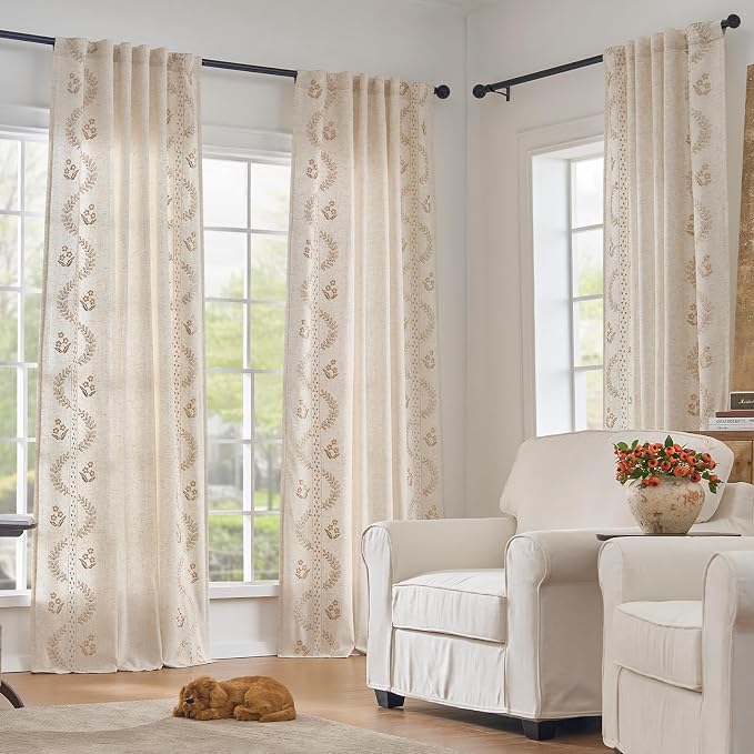 jinchan Floral Lined Linen Curtains 84 Inch Back Tab 2 Panels Beige | Embroidered curtains,privacy lining,boho curtains,light filtering,living room,bedroom,flower patterned,window treatment