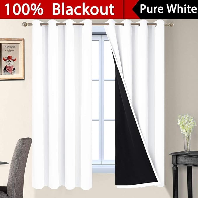 Yakamok Pure White 100% Blackout Curtains 63 Inches Long 52" Wide 2 Panel | Blackout Curtain Panels for Bedroom, 2 Thick Layers Grommet Top Thermal Insulated Drapes with Black Liner for Living Room