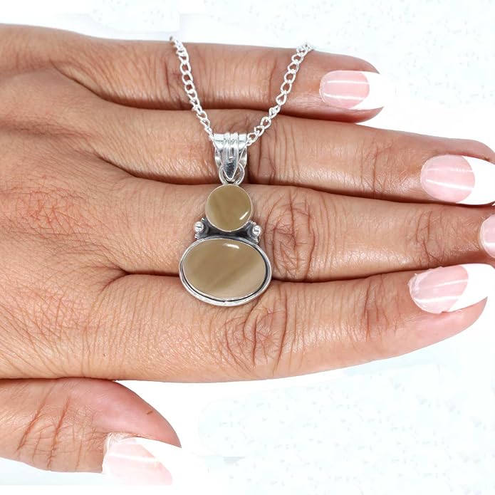 Handmade Genuine 925 Sterling Silver Pendant Necklace Natural Gemstone Crystal, Lapis, Onyx, Amber Oval Round Boho Jewelry For Women
