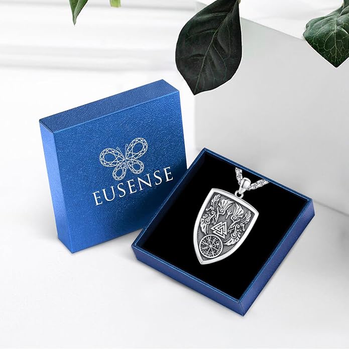 Eusense Viking Necklace for Men Women 925 Sterling Silver Pendant Thors Hammer/Norse Runes/Odin's Ravens/Wolf/Dragon/Snake/Yggdrasil/Freya/Helm of Awe/Valknut/Triskelion/Axe/Shield Viking Jewelry