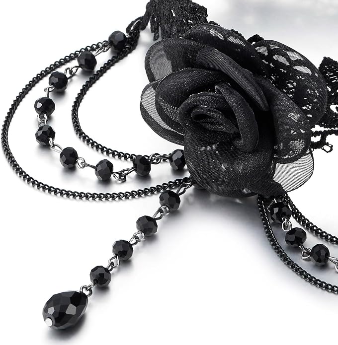 COOLSTEELANDBEYOND Black Rose Gothic Choker Necklace Victorian Lace Design with Beads Retro Costume Statement Jewelry