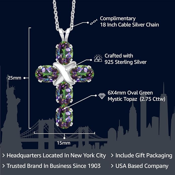 Gem Stone King Cross Pendant Necklace for Women | 925 Sterling Silver | 6X4MM Gemstone Birthstone | Jesus Christian Religious Crucifix Jewelry Gifts | 18 Inch Chain