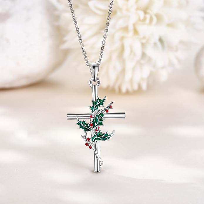 Flower Cross Necklace 925 Sterling Silver Carnation/Rose/Lily/Daisy Cross Necklace Birth Flower Jewelry for Women