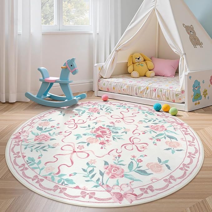 Collive Pink 6ft Round Rugs for Girls, Bow and Floral Washable Circle Rug for Living Room, Cute Ultra-Thin Non Slip Indoor Decor Carpet for Nursery Kids Room Bedroom Playroom