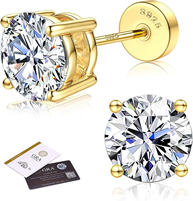Moissanite Earrings for Men Women：Hypoallergenic Flat Back Earrings 925 Sterling Silver Stud Earring Small D Color VVS1 Moissanite 14K White Gold Plated Helix Cartilage Earring Studs Gift Jewelry