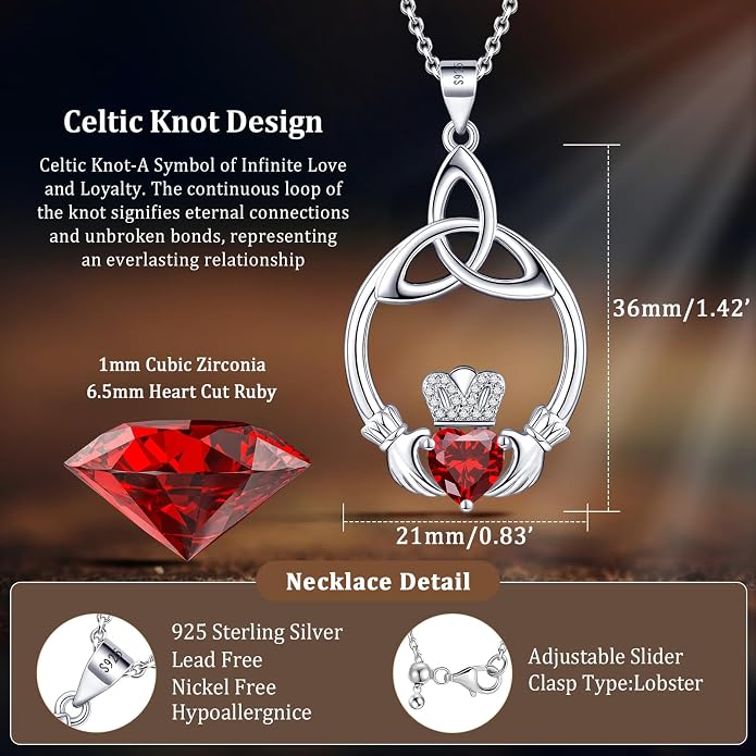 Gift Birthstone Necklaces for Women 925 Sterling Silver Irish Claddagh Necklace for Women Heart Birthstone Pendant Necklace Anniversary Birthday Gifts for Wife Lady Cable Chain 18"+2"