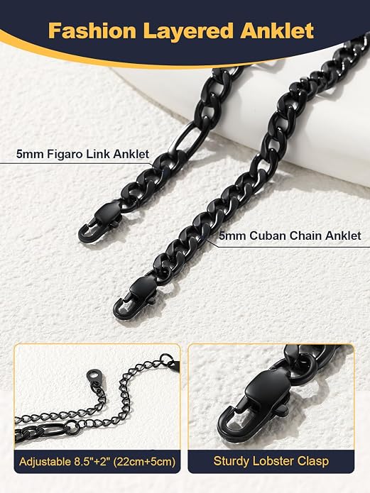 U7 2Pcs/3Pcs Ankle Bracelets for Women, Stainless Steel Cuban Link/Figaro/Rope/Heart Chain Anklets Sets,Waterproof Layered Anklets Adjustable 8.5"-10.5"