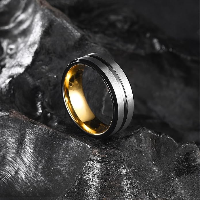 King Will Mens 8mm Rose Gold Groove/Gold Loop/Black Cross Groove Tungsten Carbide Wedding Ring Line Flat Pipe Cut Brushed Polished Comfort Fit 7-14