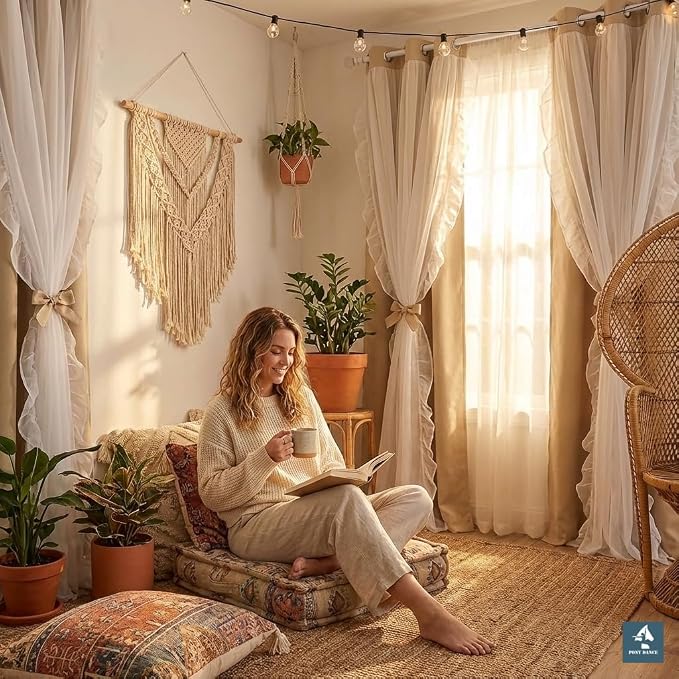 PONY DANCE Girls Curtains for Bedroom Decorative Drapes for Kids Double Layer Curtain Ruffle Sheer Overlay Room Darkening Pretty Chic Princess, 52x84 inch, Biscotti Beige, 2 PCs