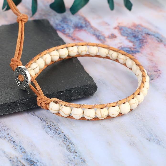 KELITCH Turquoise Mix Beaded Bracelets Single Wrap Bracelet on Brown Leather Handwoven New Jewelry
