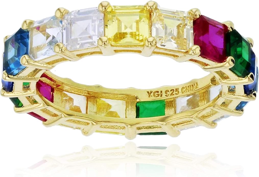 Sterling Silver Rhodium Polished 4mm Multi Color Asscher Princess Cut Cubic Zirconia Eternity Band for Women | AAA Cubic Zirconia Gemstone Engagement Wedding Band Ring | Sizes 5-10