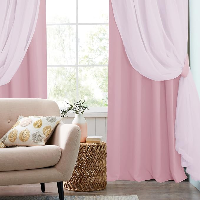 PONY DANCE Short Pink Curtains - Light Block Drapes with Sheer Layer Mix & Match Voile Drapes Decoration for Baby Girls Bedroom, 52 W x 63 L, Light Pink, 2 PCs