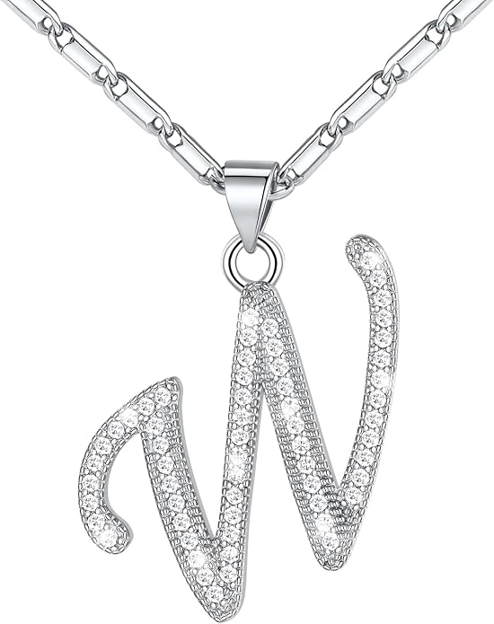 U7 Initial Necklace for Women, Gold/Platinum Plated CZ Crystal Letter A-Z Pendant Necklace, Shiny 20 Inch Name Chain Dainty Personalized Jewelry for Men Mom Wife Friend