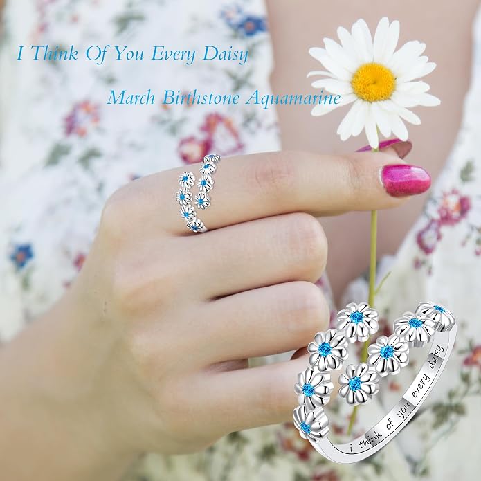 Dainty Daisy Ring for Women, S925 Sterling Silver Cubic Zirconia Sunflower Flower Ring For Daughter, I Think Of You Every Daisy Ring, Birthstone Flower Ring
