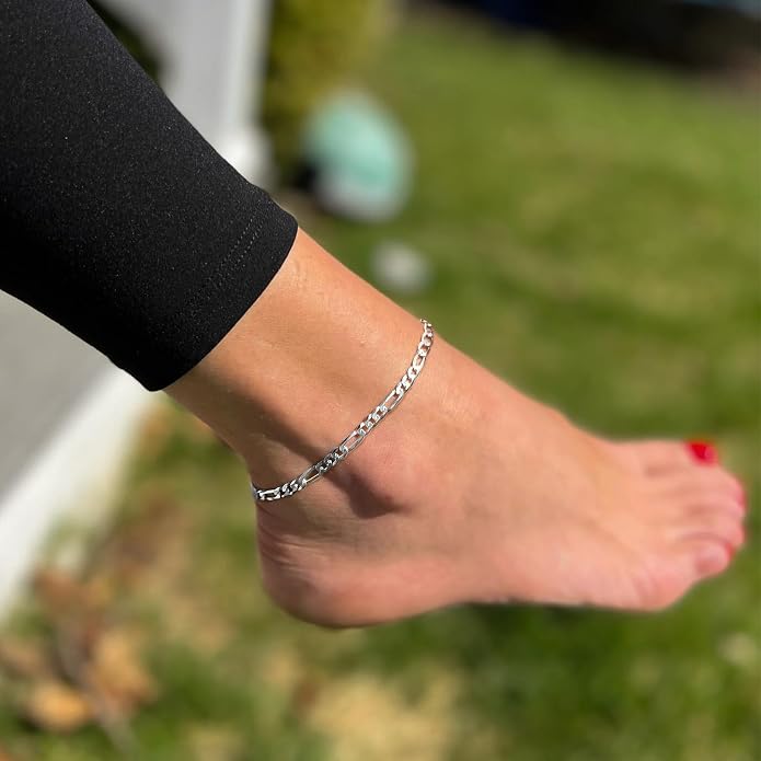 ChicSilver 925 Sterling Silver Ankle Bracelet for Women, Simple Cuban Link/Figaro/Twist Rope Chain Anklets for Beach Party(with Gift Box)