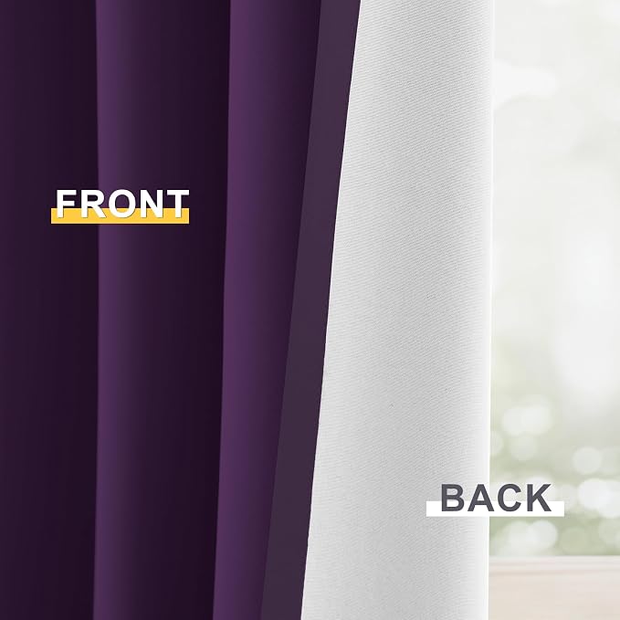 Yakamok Purple 100% Blackout Curtains 63 Inches Long for Bedroom 50" Wide | Blackout Curtain Panels for Bedroom, 2 Thick Layers Grommet Top Thermal Insulated Drapes with White Back for Living Room
