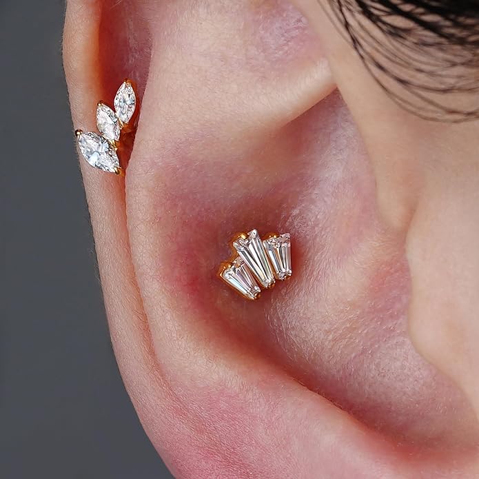 FINE4U 1PC 16G Gold Cartilage Earring 6mm 8mm - ASTM F136 Titanium Piercing Jewelry for Tragus, Helix Conch, Internally Threaded
