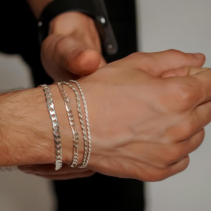 Chain Bracelet for Men Stainless Steel Cuban Link Curb Figaro Herringbone Rope Paperclip Snake Byzantine Curb Chunky Chain Silver Bracelets Jewelry Set for Men 8.3 Inches